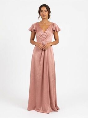 Azazie, Women's Rose Satin V-Neck Elegant Maxi Dress - S